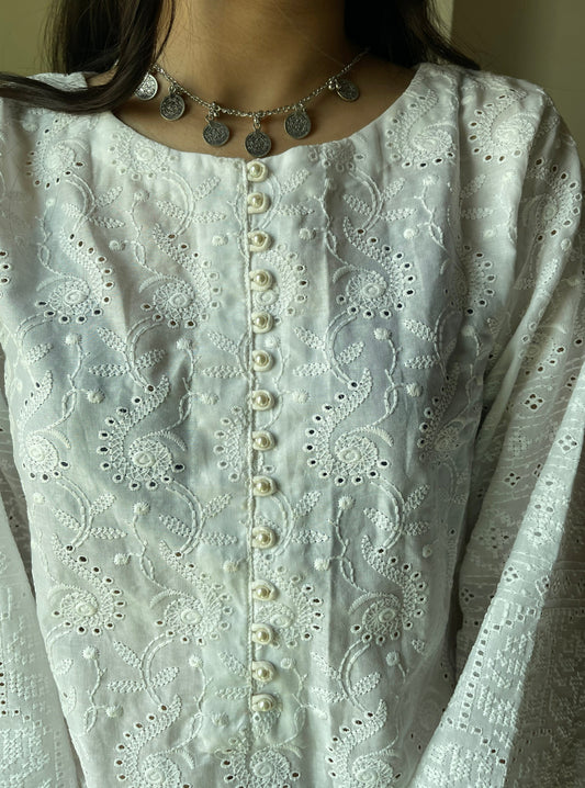 White Embroidered Kurti - 1pc